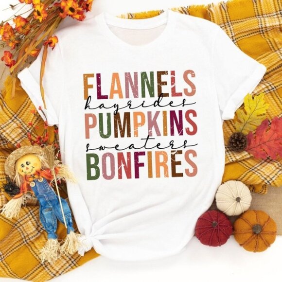 Flannels Pumpkins Hayrides S'mores and Bonfires Shirt - Picture 1 of 4